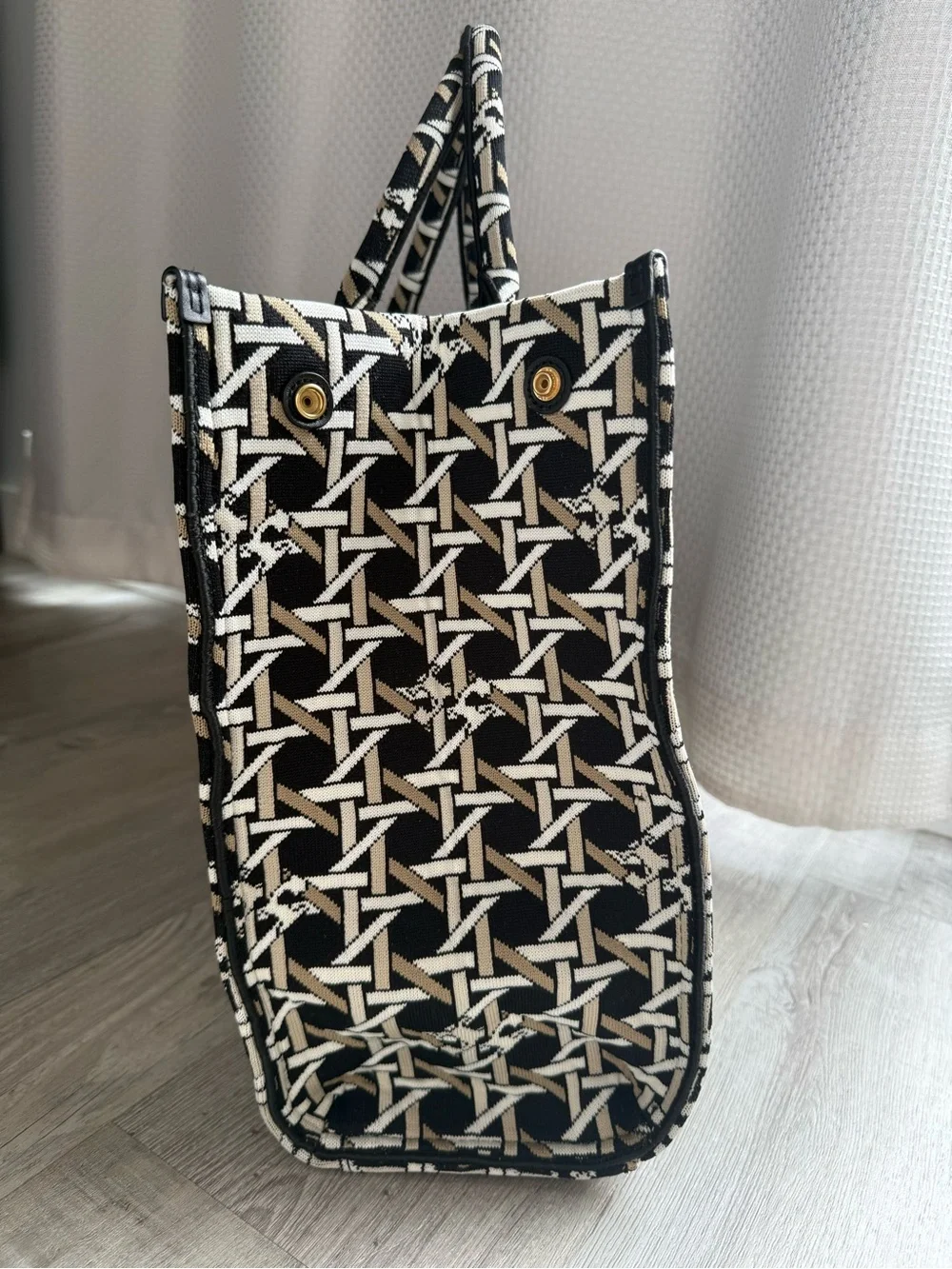 Tory Burch Ella Circular Knit Tote - Black, White and Tan